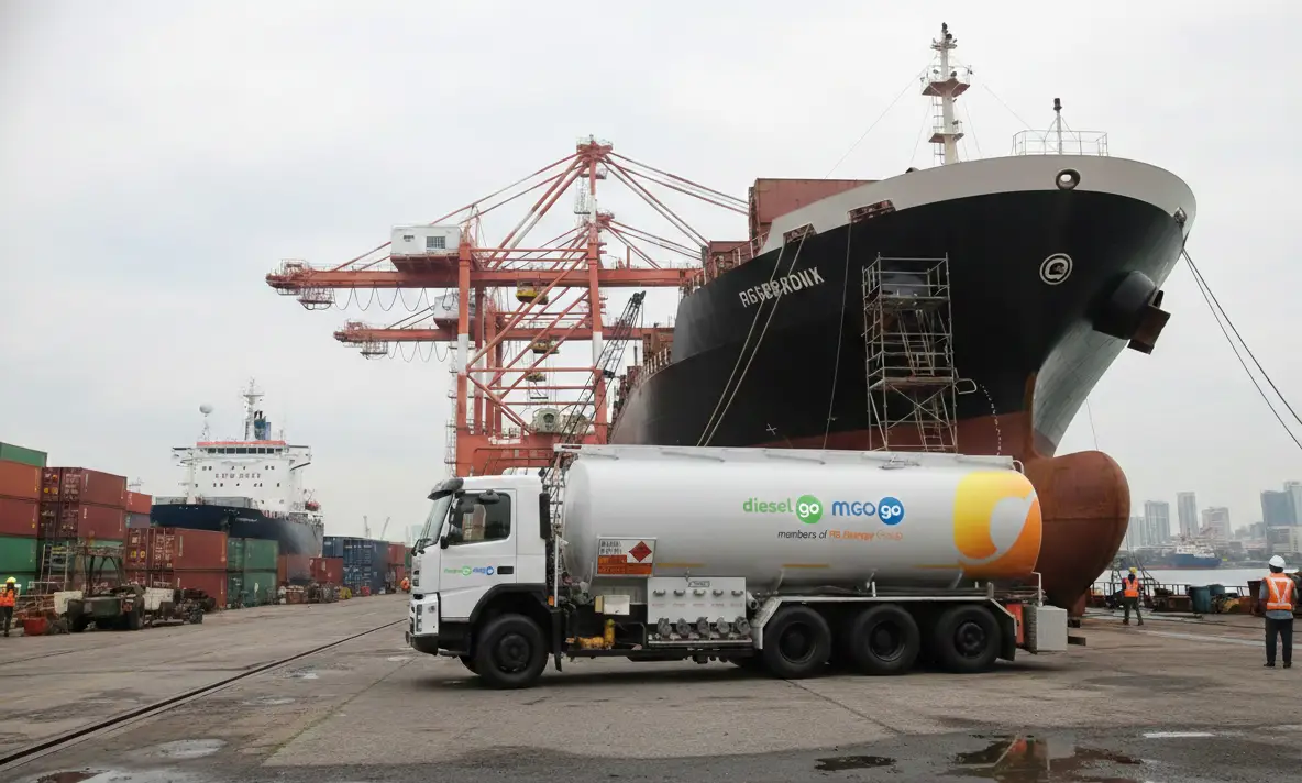 An MGO Go Bulk Truck providing alongside Bunkering for vessels at quaysides and shipyards island-wide