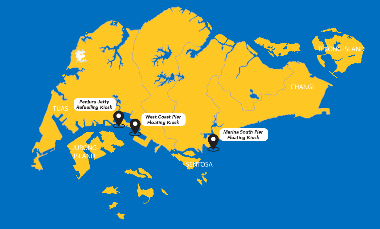 MGO Go Kiosks Service Map - Bunkering at West Coast Pier,  Marina South Pier, and Penjuru