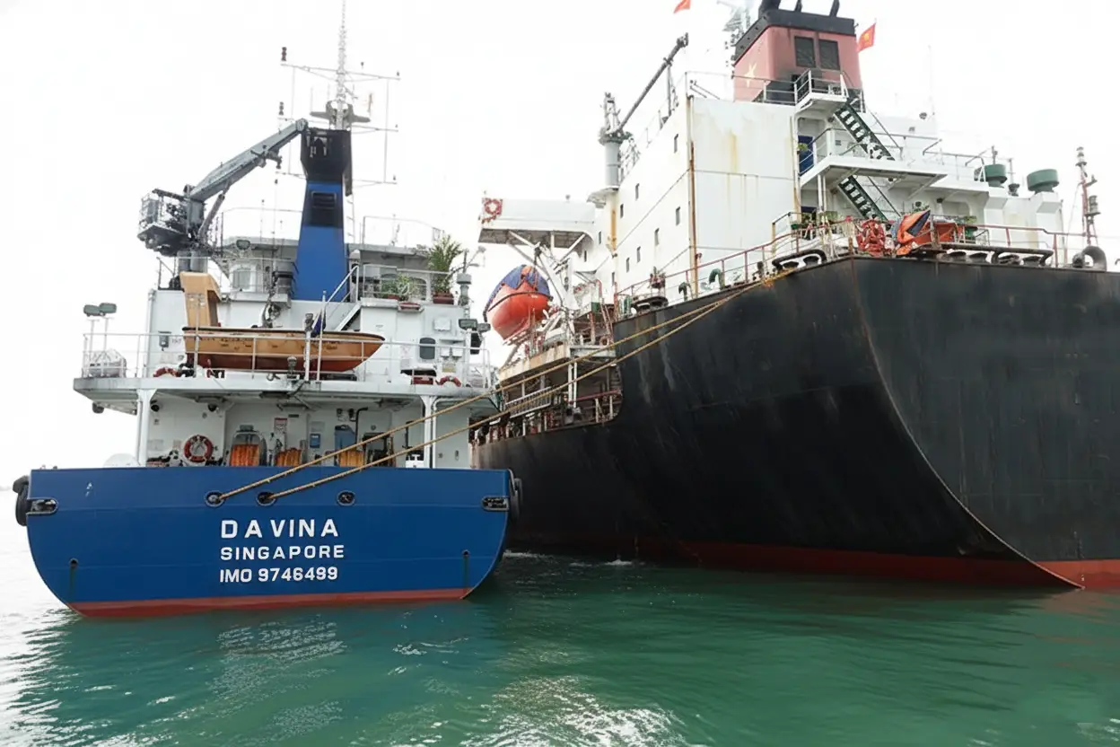MGO Go barge, Davina, executing a ship-to-ship bunkering operation